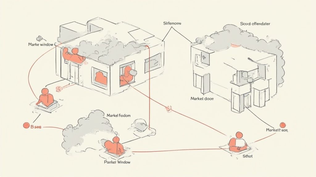 A tactical diagram illustrating two buildings with figures and interconnected labels via red lines.