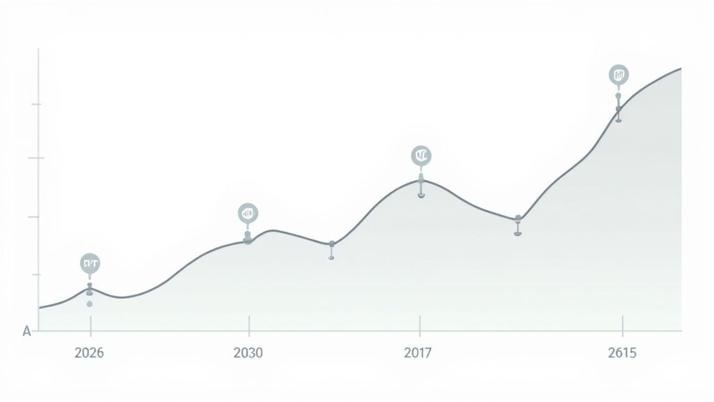 Line graph showing growth projection with fluctuating trend from 2026 to 2615 with multiple data points