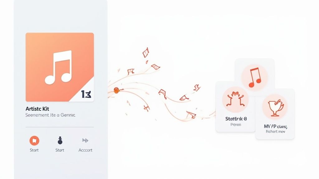 A user interface displaying music kits, with a prominent 'Artistc Kit' card, musical notes, and other playful icons.