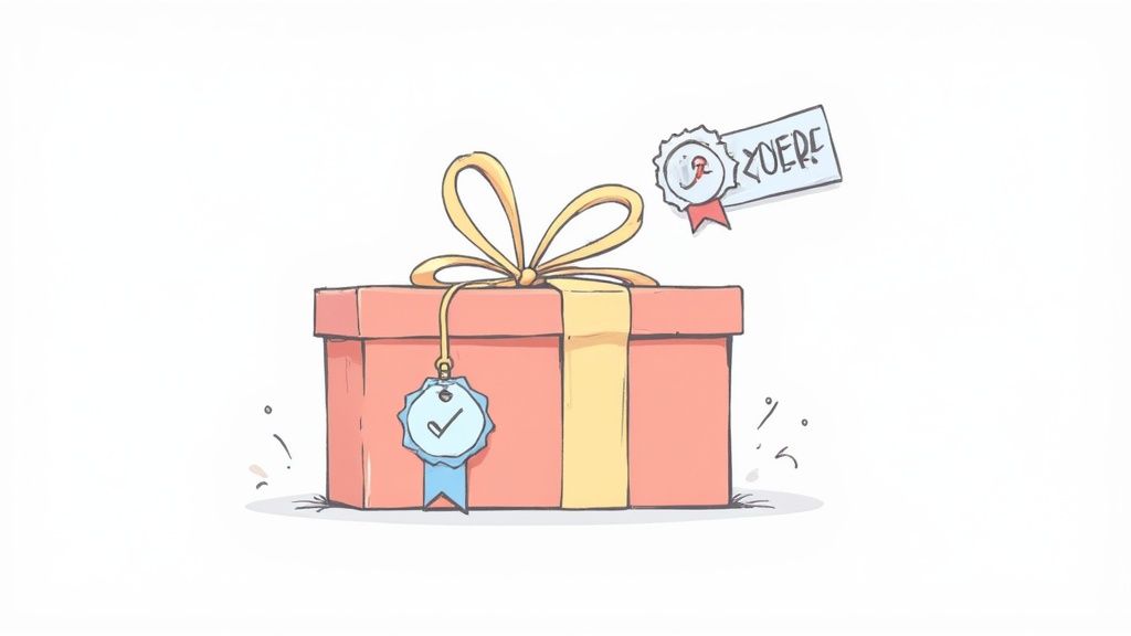 Wrapped gift box with yellow ribbon bow and medal tags representing Steam key redemption success