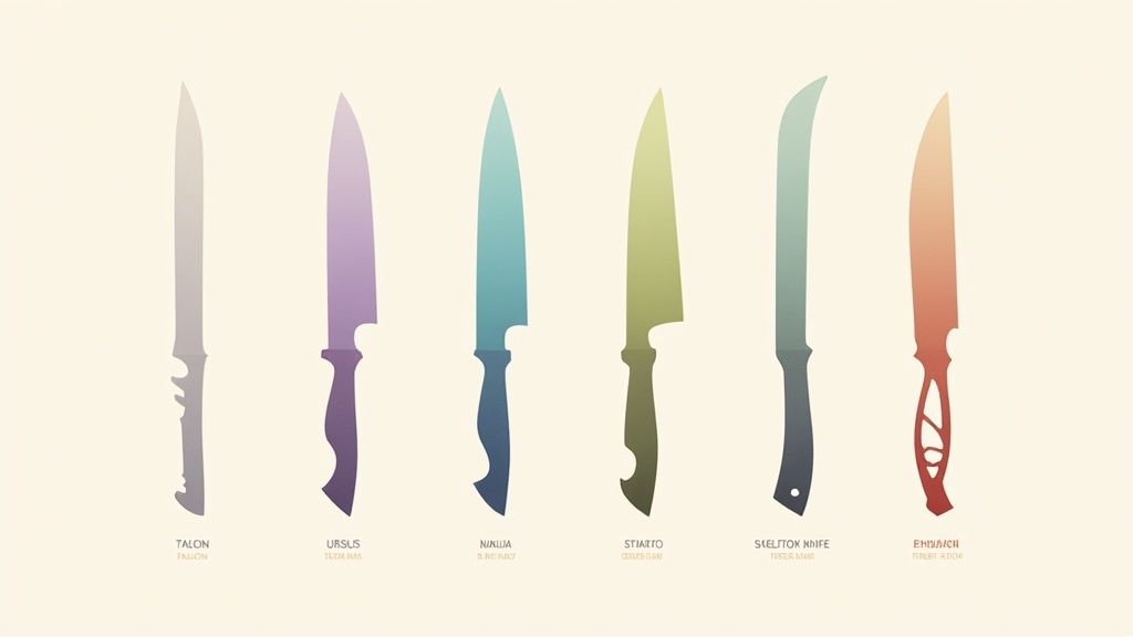 Six tactical knife silhouettes from video game with different blade designs and colored gradients