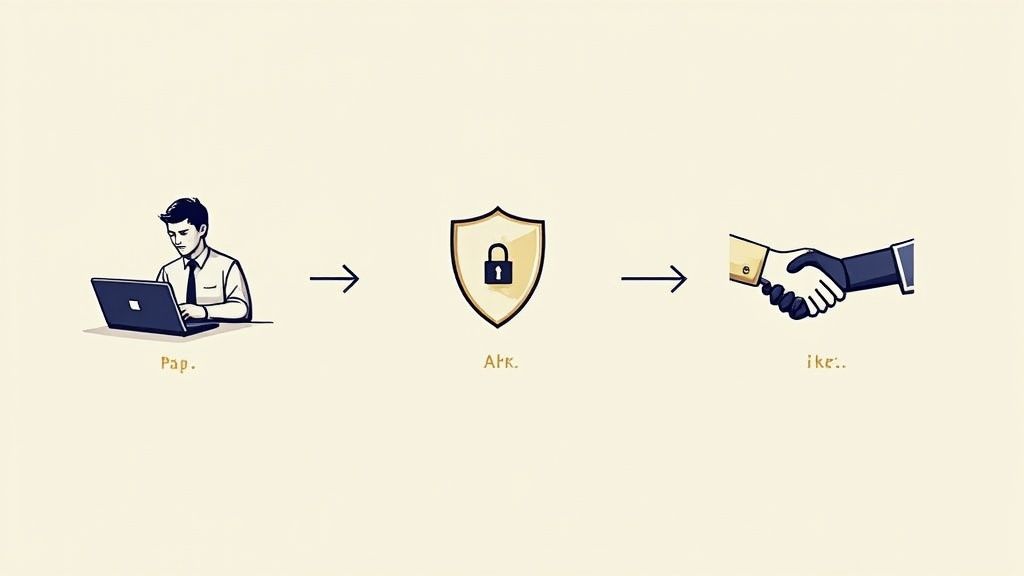 A workflow illustration showing a person on a laptop, a security shield, and a handshake.