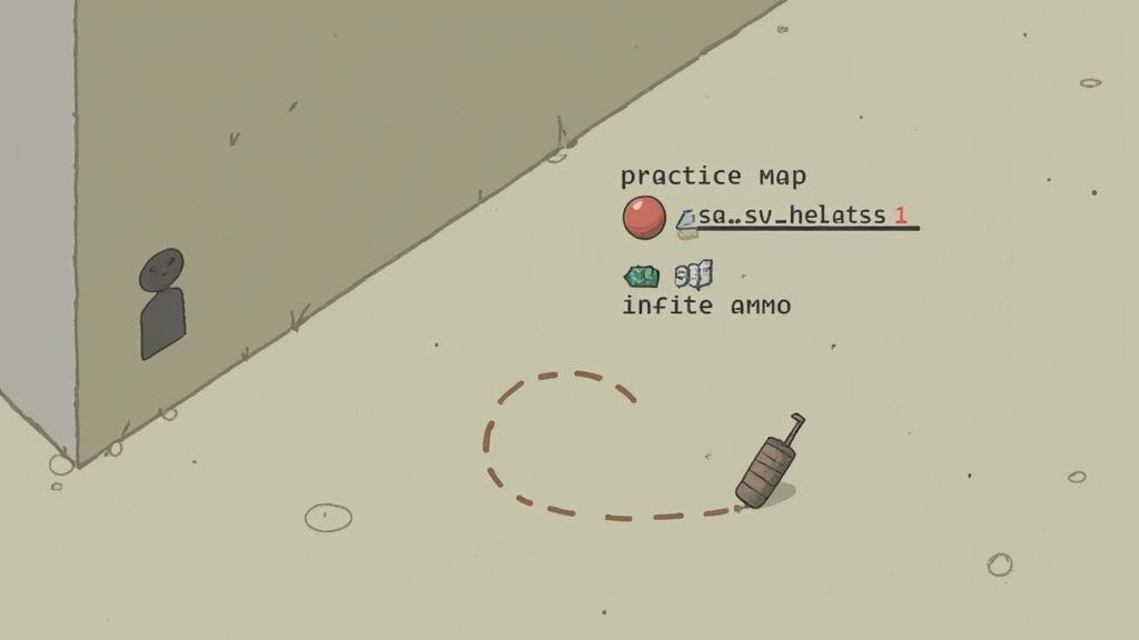 A game screen with 'practice map', 'infinite ammo', and 'sq..sv_helatss 1' text, featuring a grenade and character.