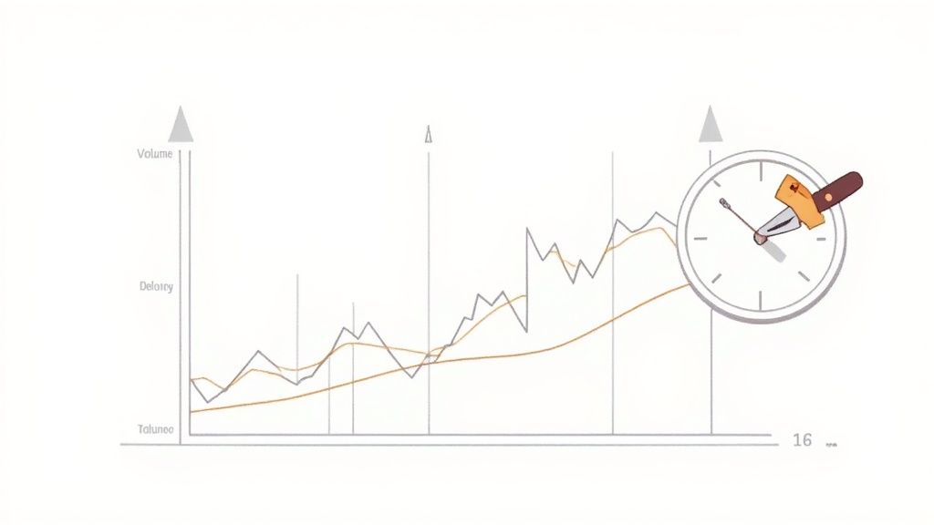 A financial graph displays upward trends with a clock and a knife stuck into its face.