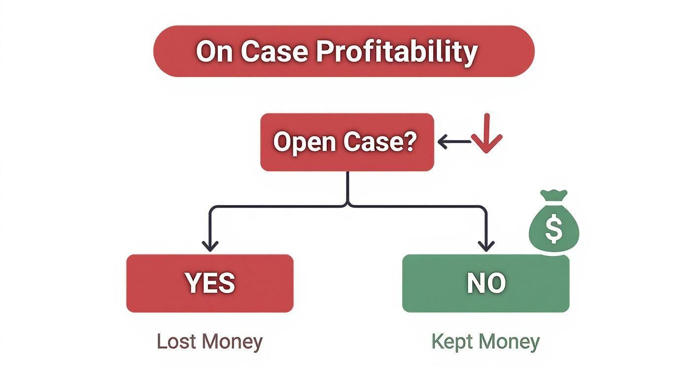 Infographic showing a decision tree for CS2 case opening, with 'YES' leading to 'Lost Money' and 'NO' leading to 'Kept Money'.