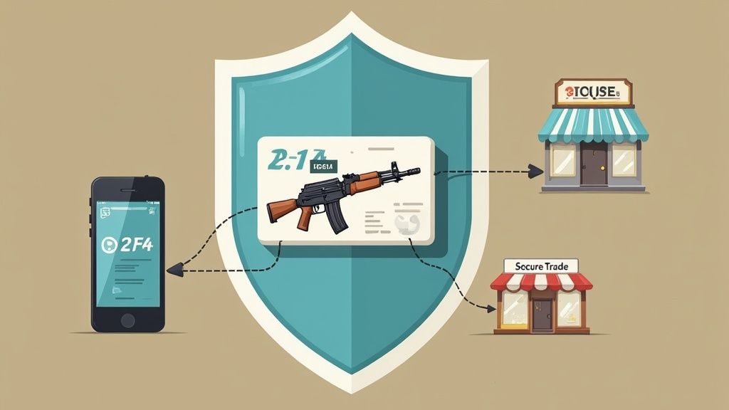 Illustration of secure online trading of an AK-47 weapon skin via smartphone, protected by a shield.