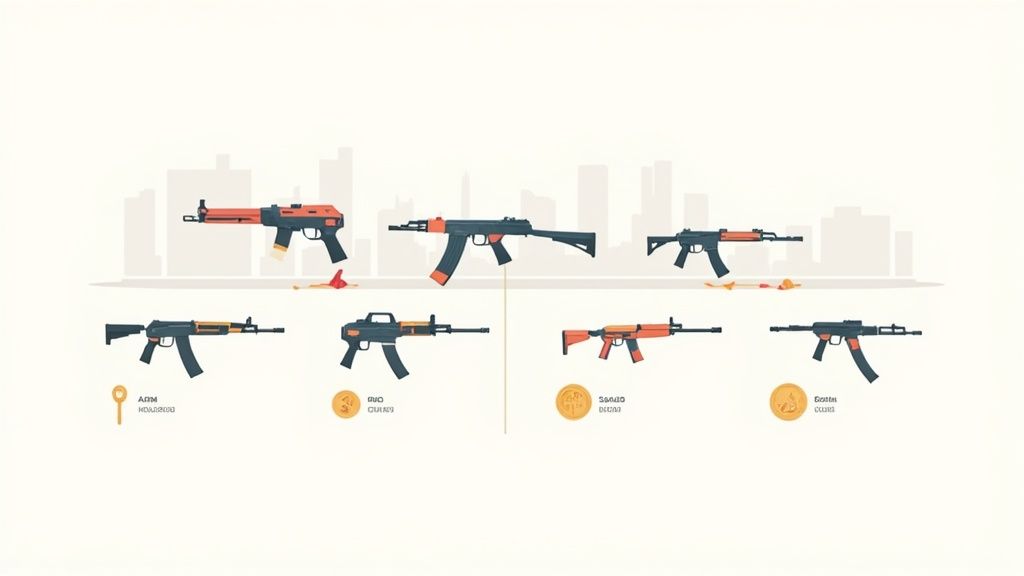 A minimalist display of various stylized assault rifles with black and orange skins against a city skyline.