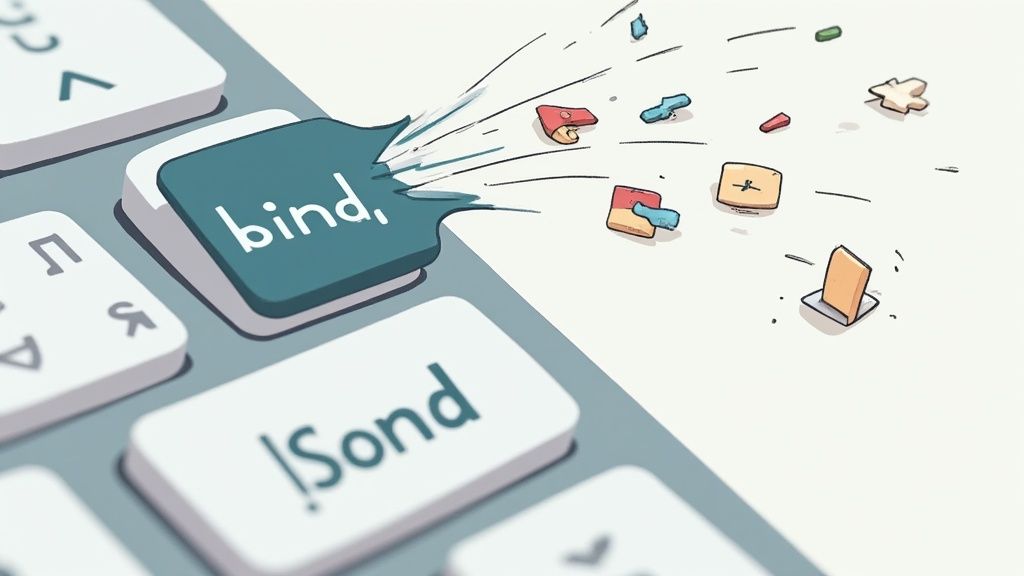 A keyboard key labeled 'bind' breaks apart, scattering colorful abstract shapes.