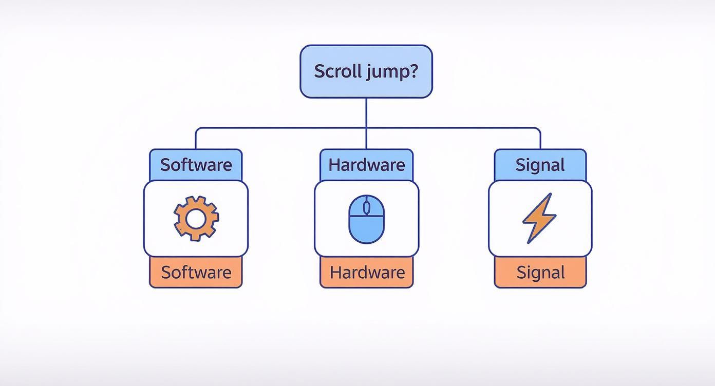 A diagram illustrating the three main causes for a mouse scroll jump: software, hardware, and signal.