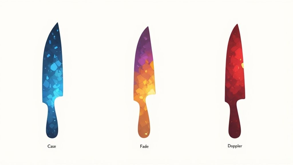 Three colorful CSGO knife skins labeled Case, Fade, and Doppler showing different finish patterns
