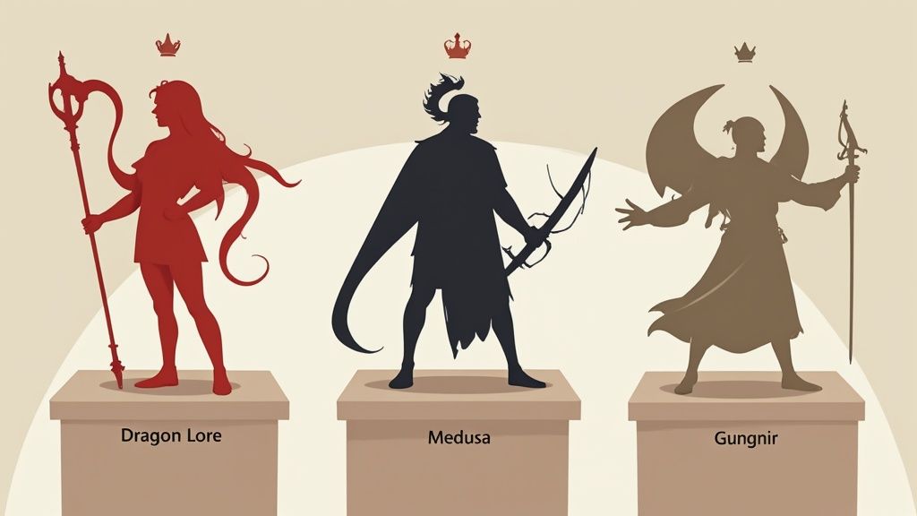 Silhouettes of crowned mythical figures on pedestals: a red woman with staff, a black warrior with sword, and a brown winged character.