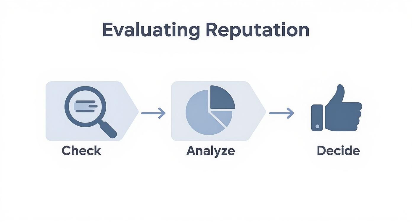 An infographic illustrating the three-step process for evaluating reputation: Check, Analyze, and Decide.