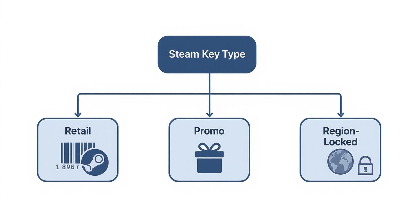 Diagram showing three Steam key types: Retail with barcode, Promo with gift box, and Region-Locked with globe and padlock