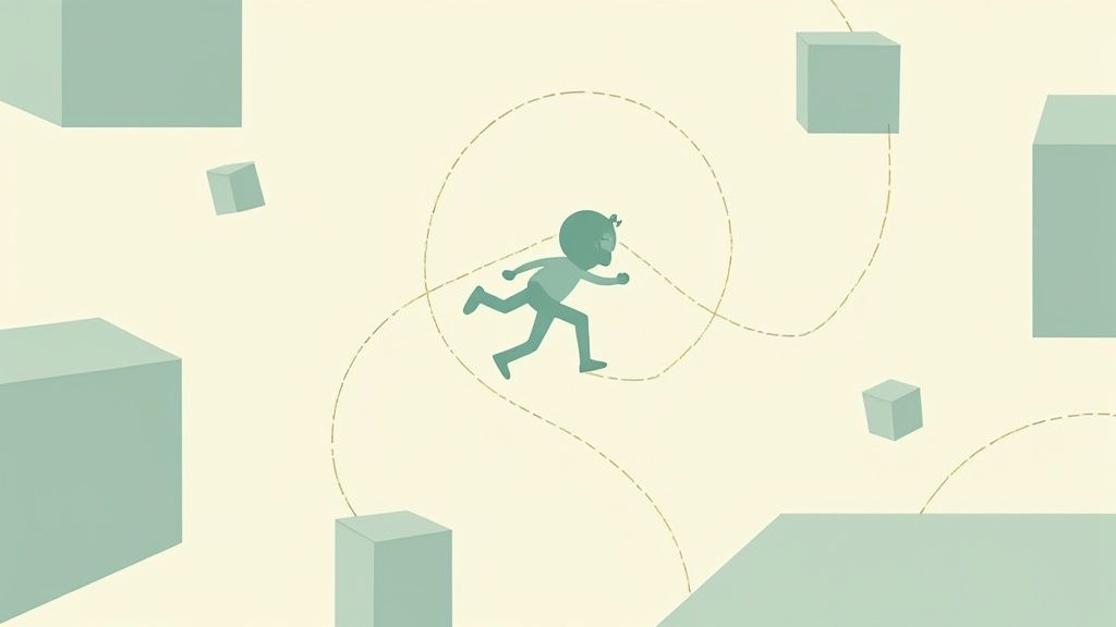 A cartoon character runs along a dotted path, surrounded by floating teal cubes on a cream background.