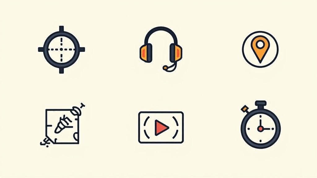 Six colorful icons: target scope, gaming headset, location pin, game map, video player, and stopwatch.