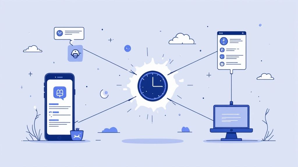 Illustration of mobile phone, desktop computer, and central clock icon symbolizing synchronization and data flow.