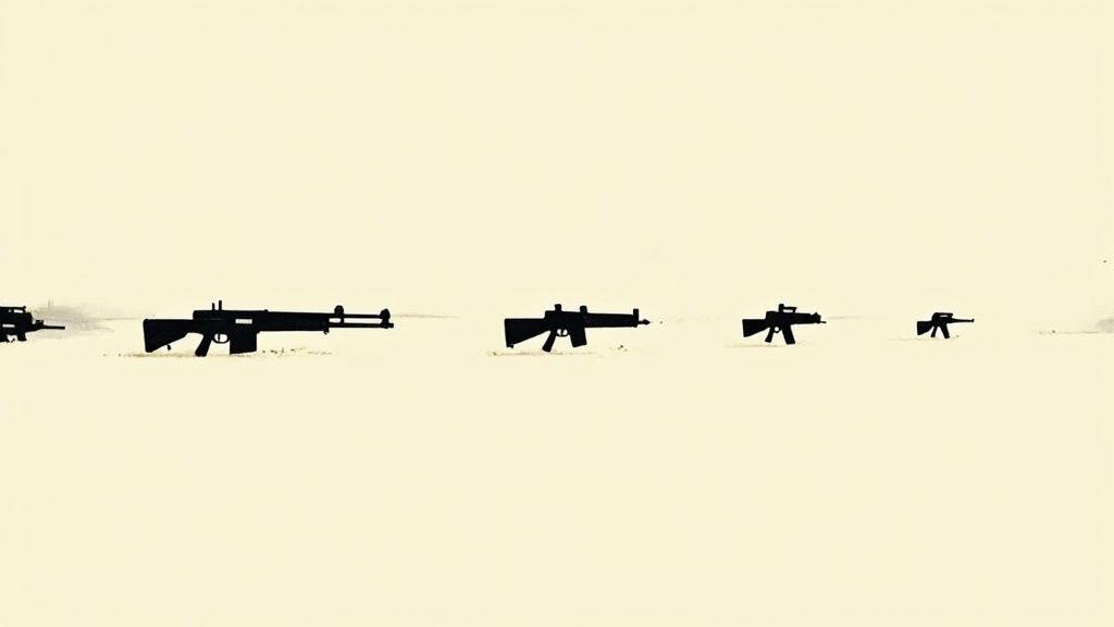 Minimalist silhouettes of various firearms, like rifles and machine guns, against a light background.