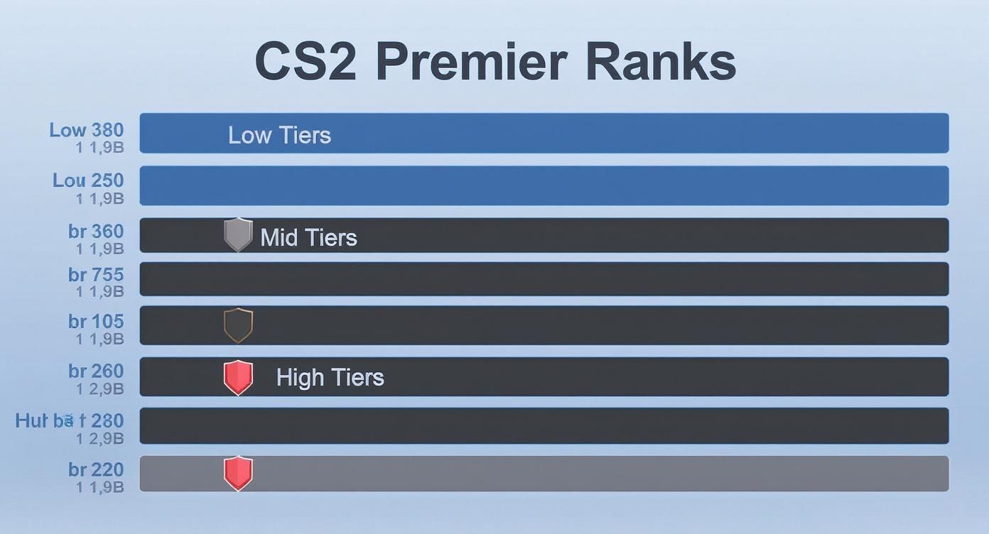 CS2 Premier Ranks chart categorizing players into Low, Mid, and High Tiers with specific numerical values.