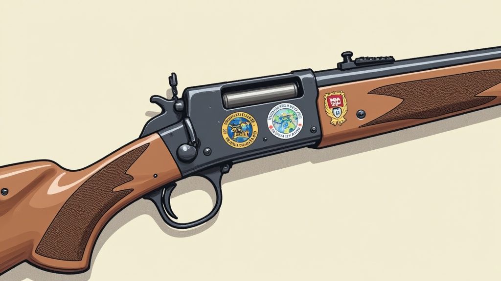 Detailed illustration of wooden stock rifle with decorative emblems on receiver close-up view