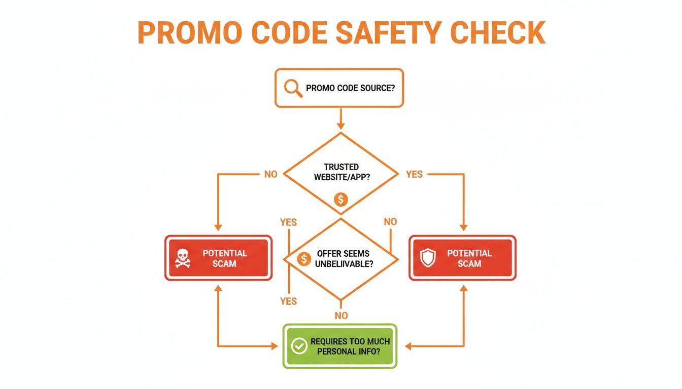 A flowchart for promo code safety, checking source, trustworthiness, offer believability, and personal info required.