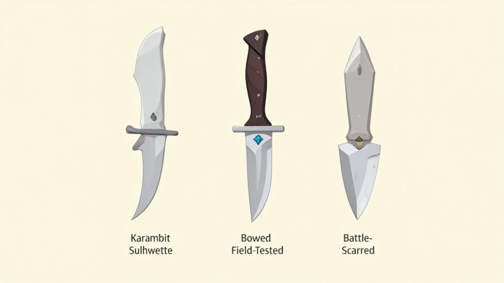 Three stylized video game knives: a curved Karambit, a Bowed dagger, and an angular Battle-Scarred knife.