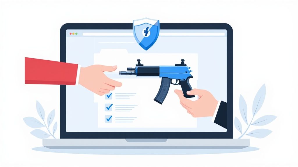 Two hands exchanging firearm through laptop screen with security shield and checklist background