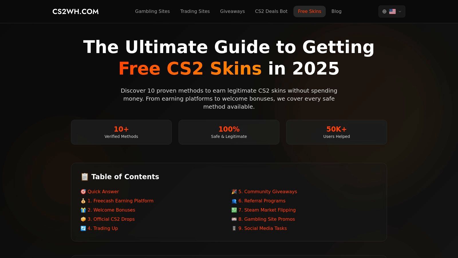 A screenshot of the Free CS2 Skins page on CS2WH.COM, showcasing various offers and giveaways for Counter-Strike 2 players.