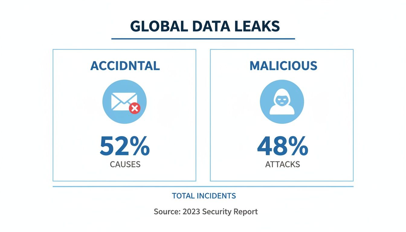 Infographic showing global data leaks breakdown: 52% from accidental causes and 48% from malicious attacks, per a 2023 security report.