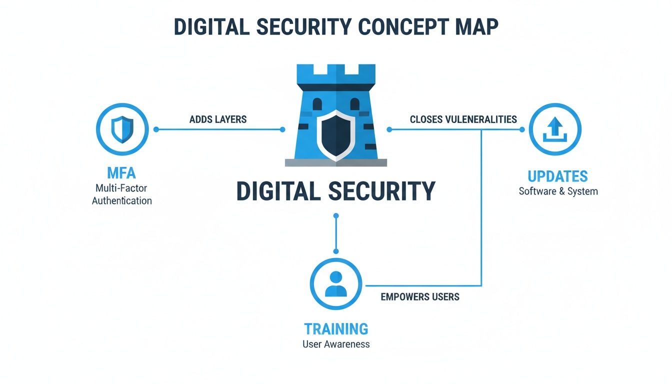 Concept map illustrating digital security, showing how MFA adds layers, updates close vulnerabilities, and user training empowers users.