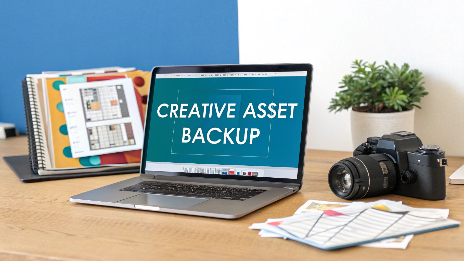 A laptop displays "CREATIVE ASSET BACKUP" on a desk with a camera, plant, and notebooks.