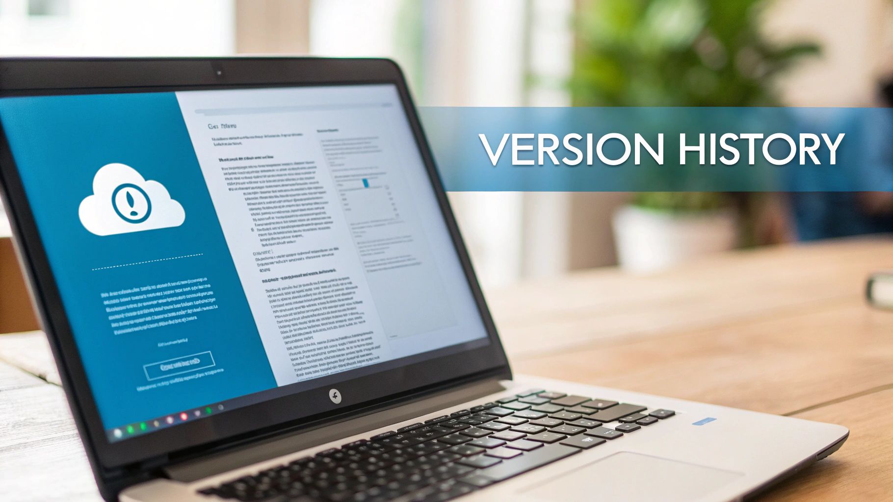 A person working on a laptop with cloud icons indicating data syncing with Microsoft 365 services like OneDrive and SharePoint.