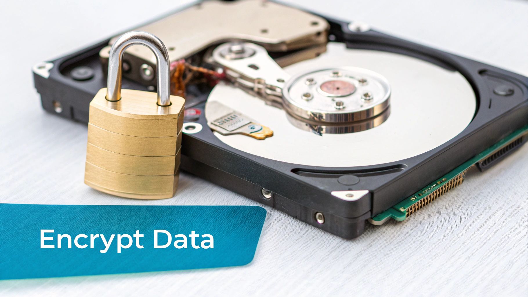 An open hard drive with a padlock on it and text 'Encrypt Data', representing data encryption.