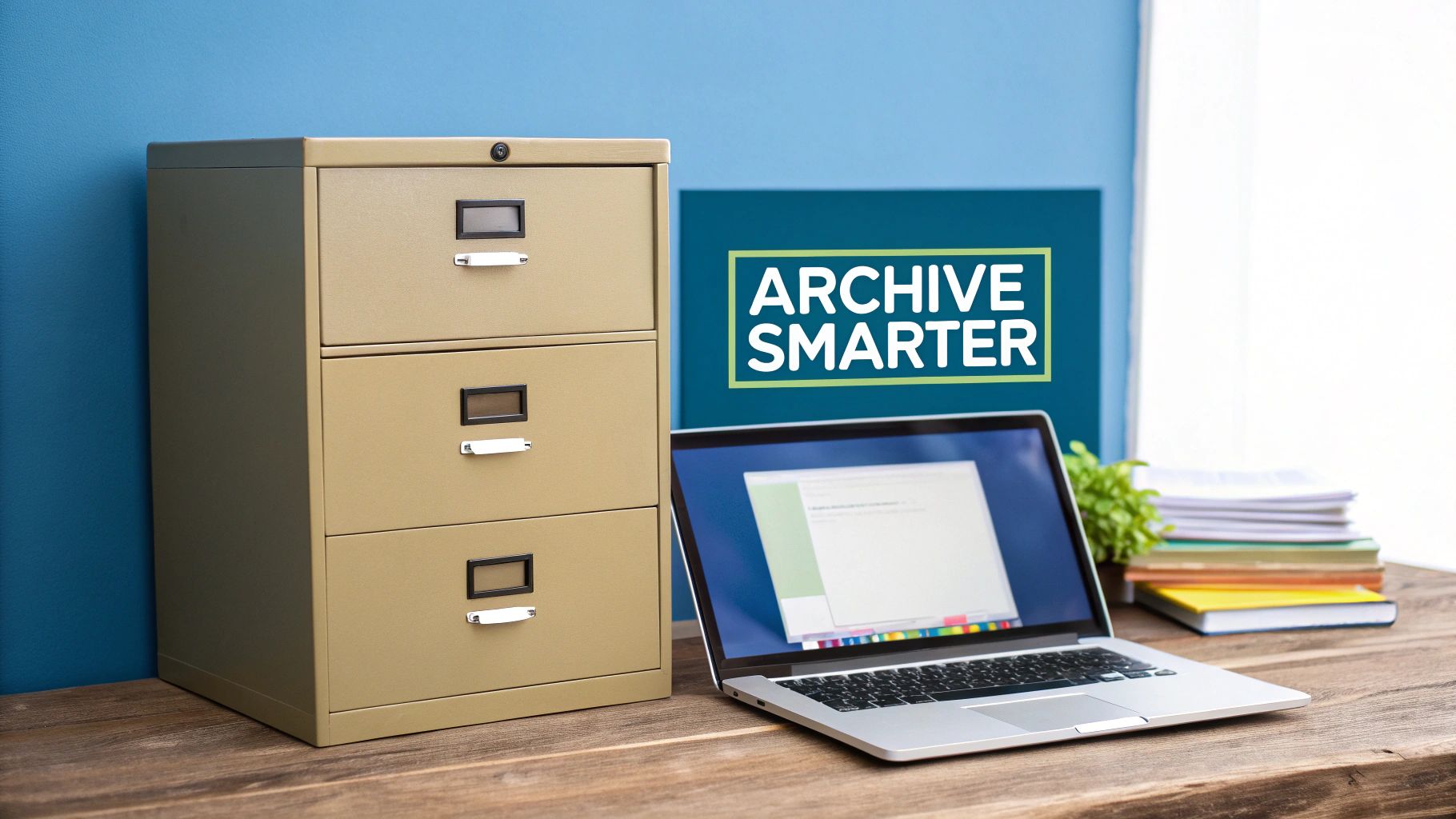 A professional organising digital files on a large screen, representing a digital document archiving system.