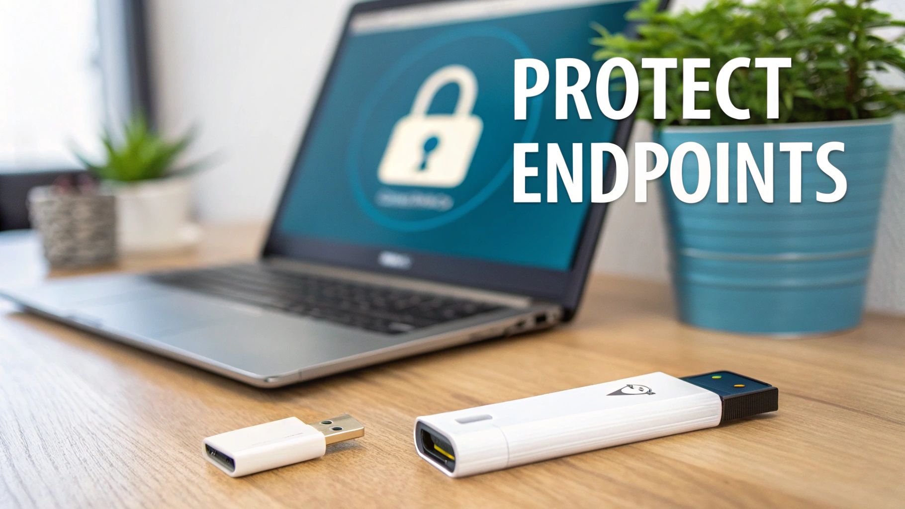 A laptop displaying a padlock icon and 'PROTECT ENDPOINTS' text, with two USB drives on a desk.