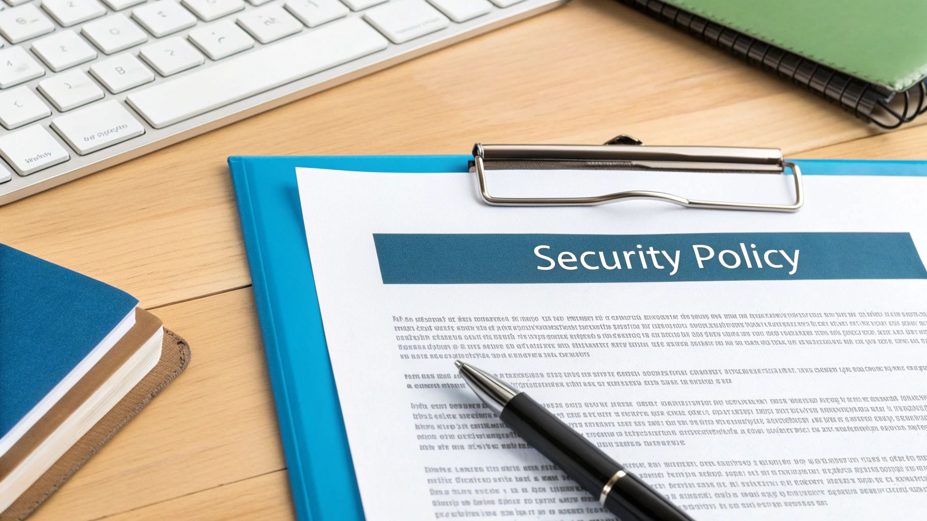 A document titled 'Security Policy' on a blue clipboard with a pen, keyboard, and notebooks on a wooden desk.