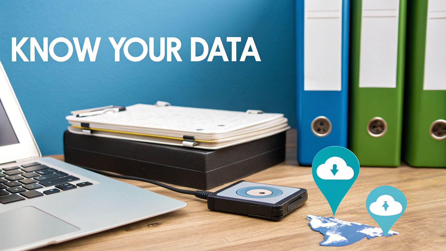 Desk setup with laptop, external drive, folders, and cloud data icons, displaying 'KNOW YOUR DATA'.