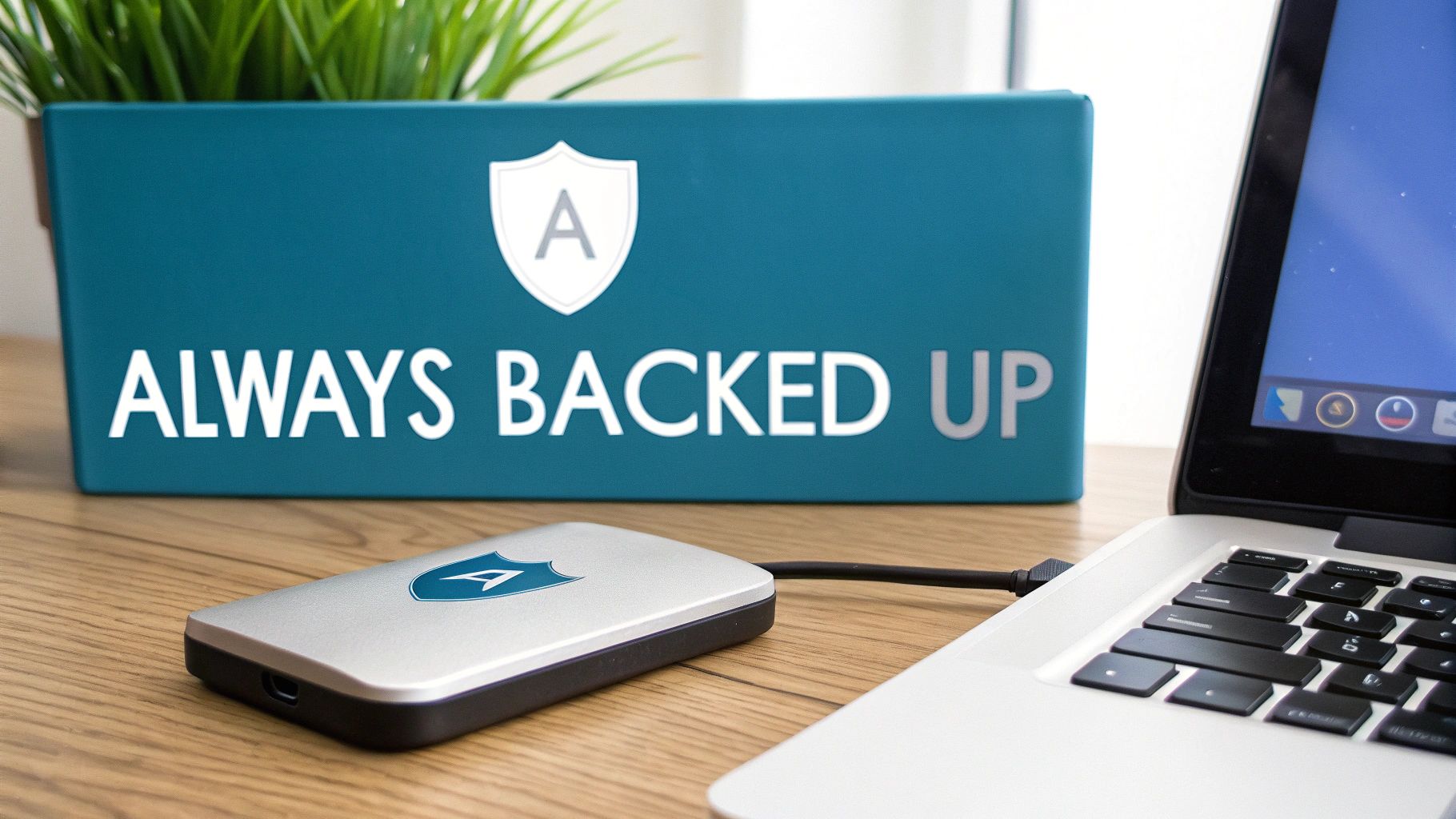 A person setting up a backup schedule on a computer, with a secure lock icon overlaying the screen, representing proactive data protection.