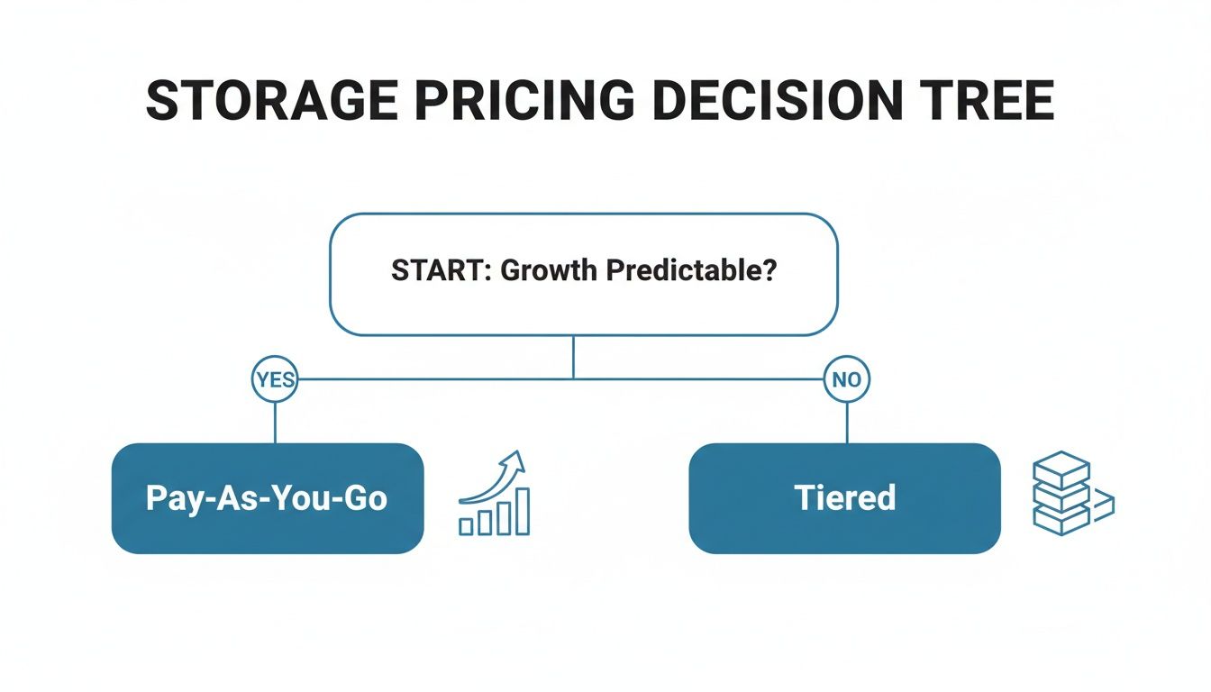 Storage pricing decision tree showing Pay-As-You-Go for predictable growth and Tiered for unpredictable.