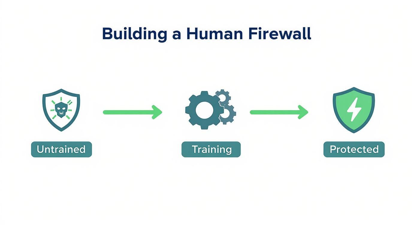 Human firewall concept showing progression from untrained employees through security training to protected status