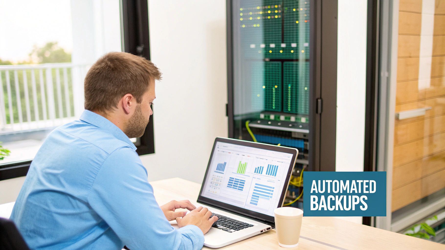 Man working on laptop with data charts, server rack, and 'Automated Backups' text.