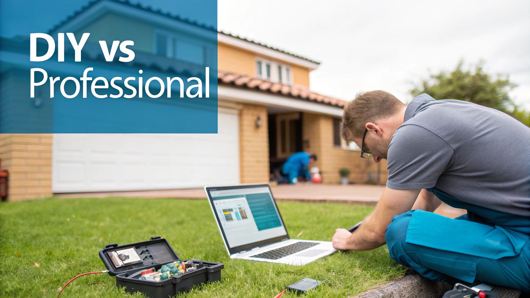 Man troubleshooting electronics on a lawn with a laptop, while another professional works nearby.