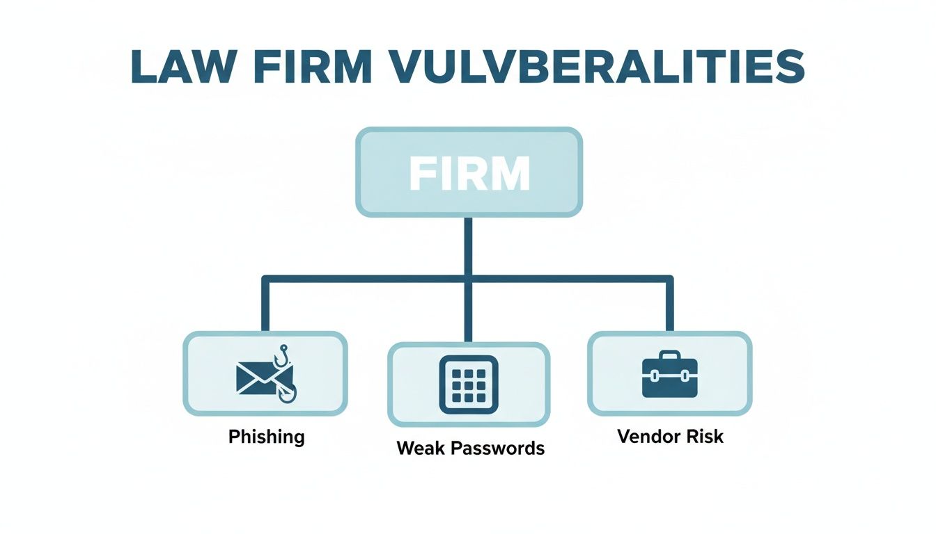 A flowchart illustrating law firm vulnerabilities, specifically phishing, weak passwords, and vendor risk.
