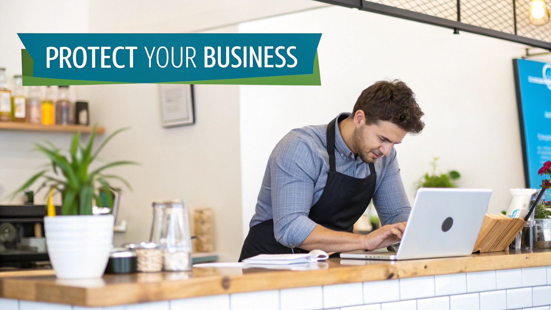A man wearing an apron and plaid shirt works on a laptop at a business counter.
