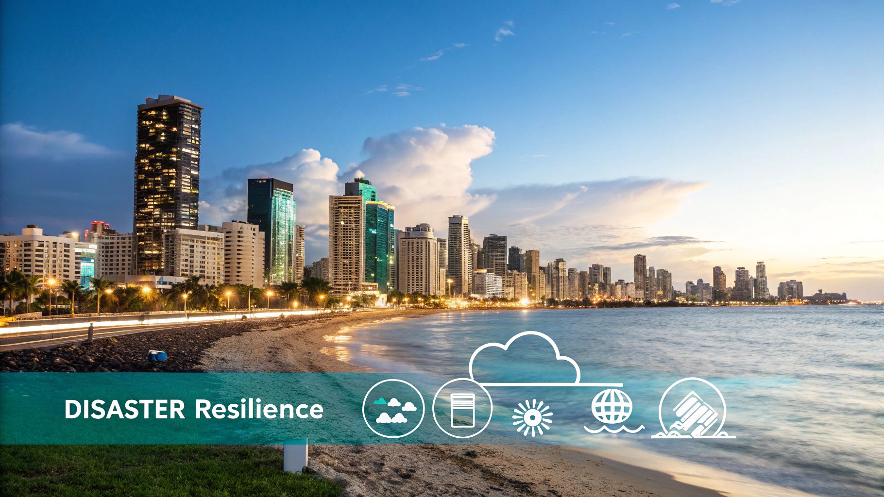 A panoramic view of a city skyline at sunset, with coastal road, beach, and 'DISASTER Resilience' text with related icons.