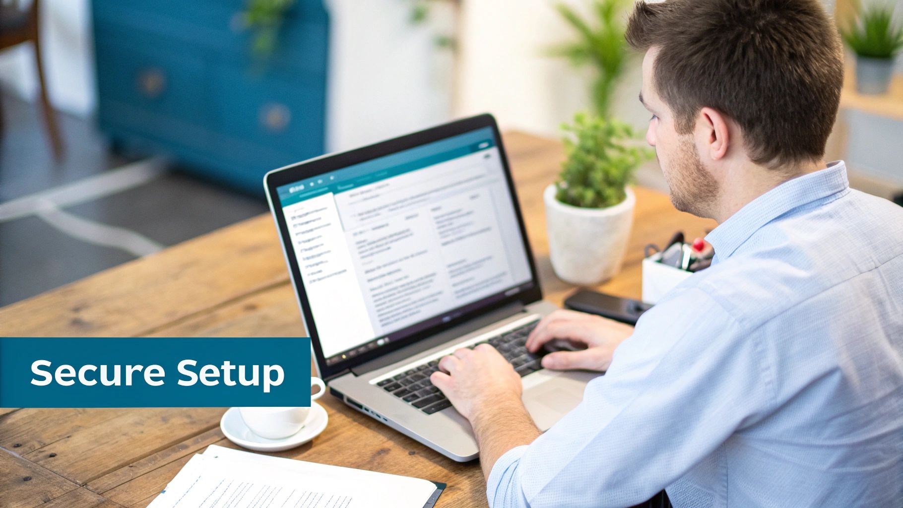 A man types on a laptop at a modern wooden desk, engaged in a professional setup activity.