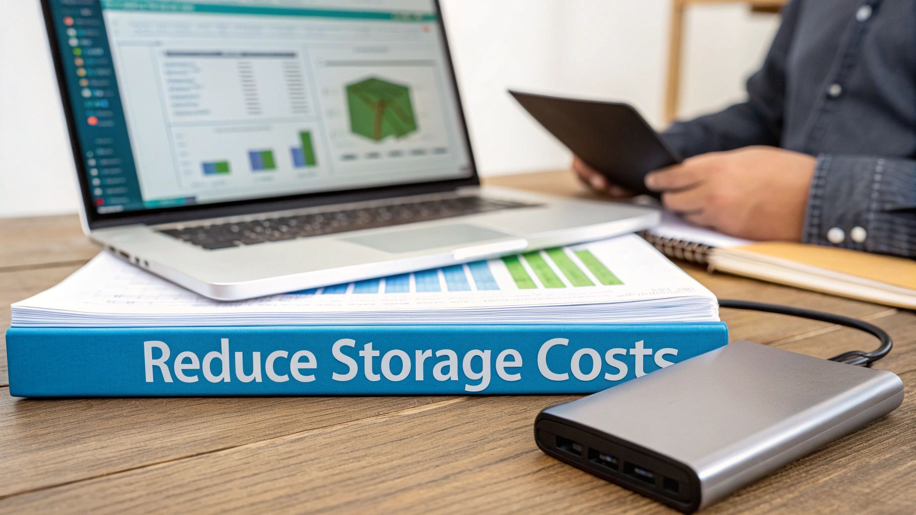 Close-up of a blue binder titled 'Reduce Storage Costs' with a laptop, charts, and an external hard drive on a wooden desk.