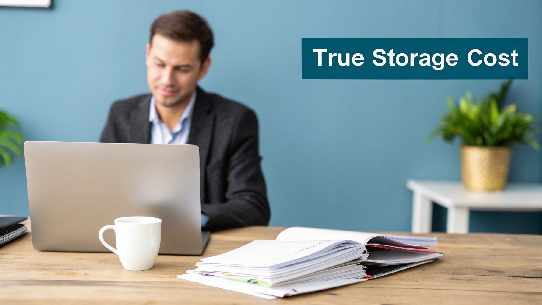 A man works on a laptop at a wooden desk with papers and a coffee mug, alongside 'True Storage Cost' text.