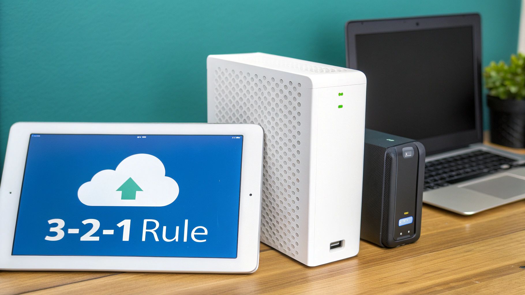 Digital devices on a desk, illustrating the 3-2-1 backup rule with a tablet, server, and external drive.