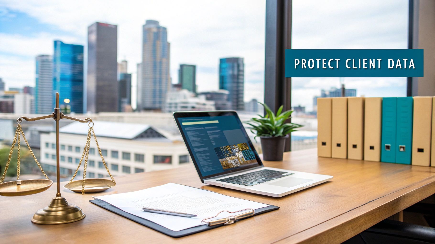 Scales of justice and a laptop on a legal office desk with city view and 'PROTECT CLIENT DATA' banner.