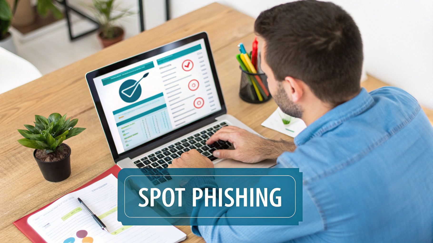 Professional man working on laptop learning to identify phishing emails and cybersecurity threats